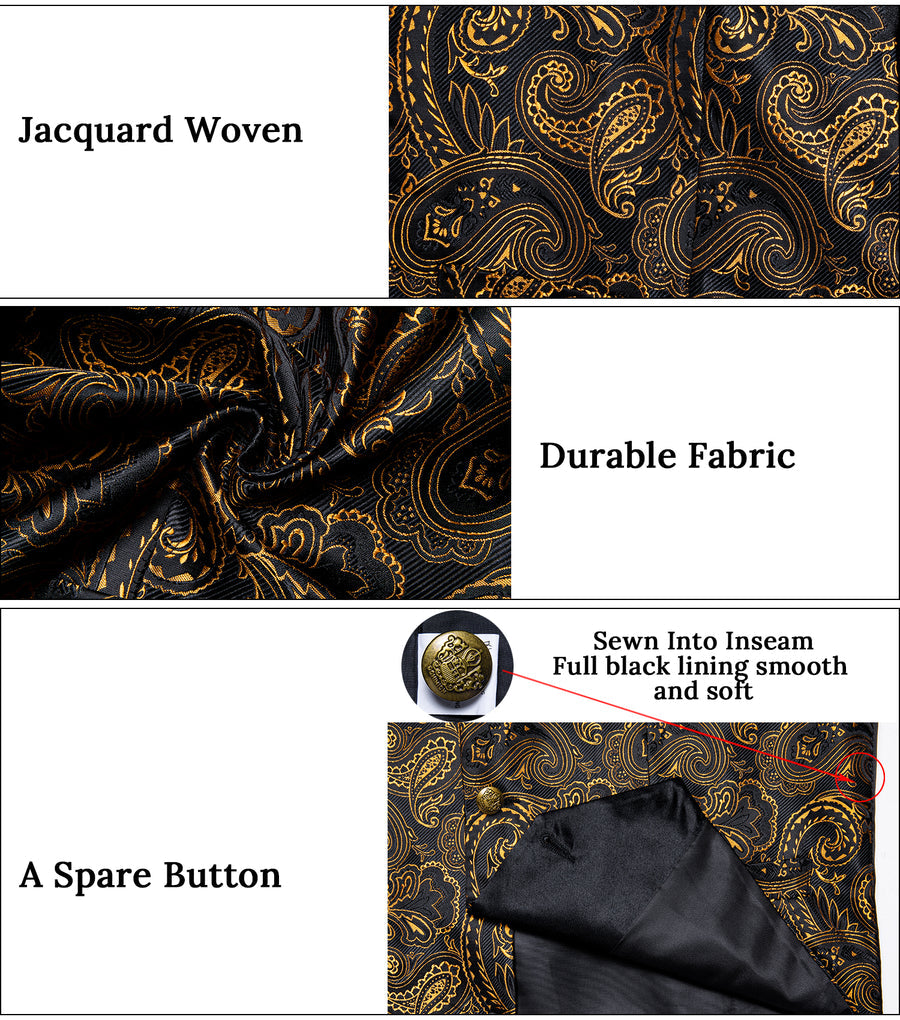 Black & Gold Paisley Silk Collar Vest Set vest set - Sophisticated Gentlemen