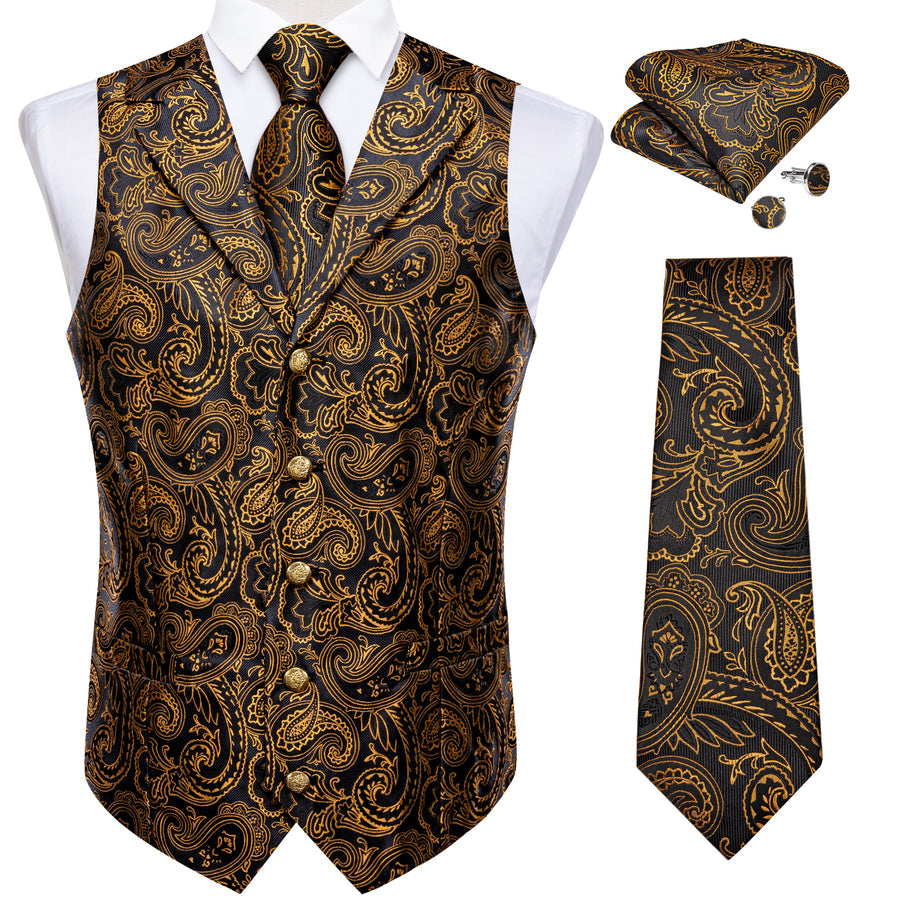 Black & Gold Paisley Silk Collar Vest Set vest set - Sophisticated Gentlemen