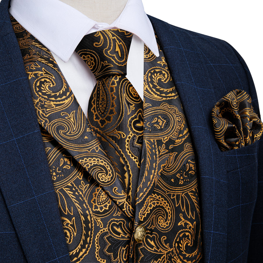 Black & Gold Paisley Silk Collar Vest Set vest set S (Chest 40") - Sophisticated Gentlemen