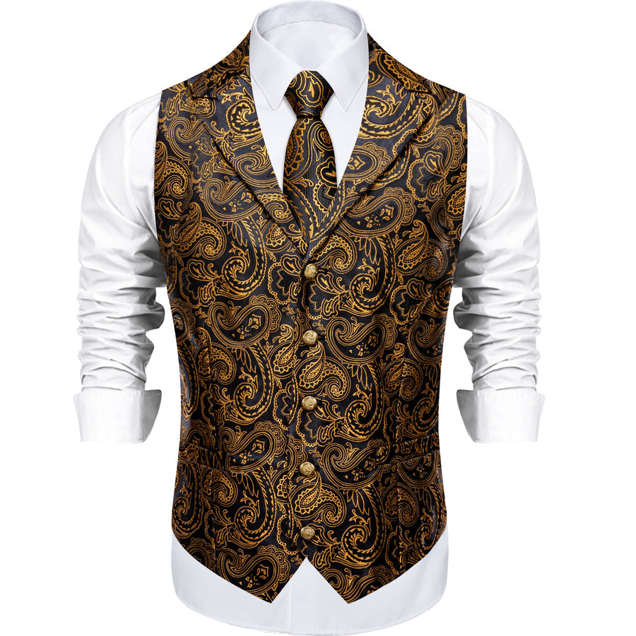 Black & Gold Paisley Silk Collar Vest Set vest set - Sophisticated Gentlemen