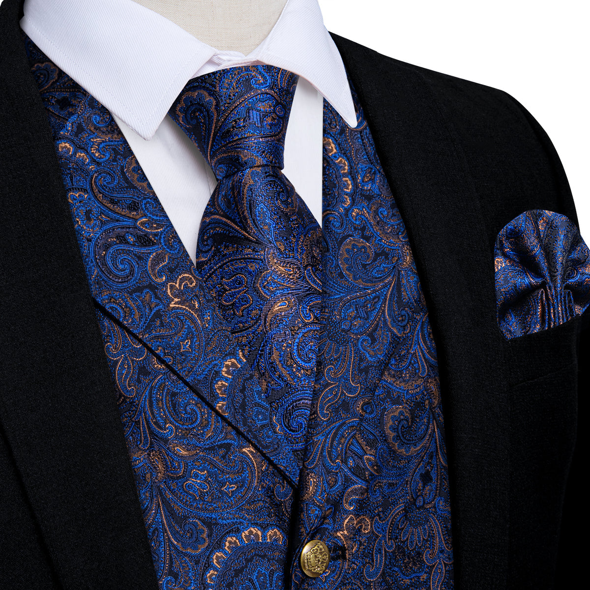 Radiant Blue Paisley Vest Set with Matching Necktie, Hanky, and Cufflinks vest set S (Chest 40) - Sophisticated Gentlemen