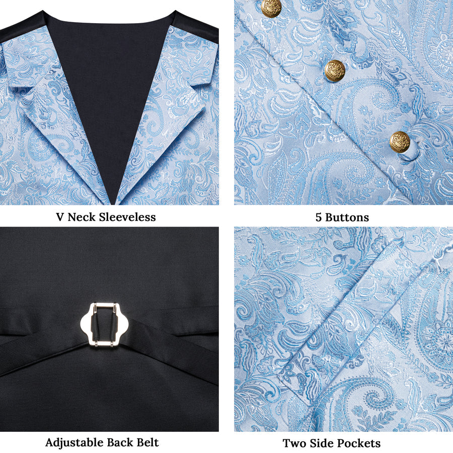 Sky Blue Luxury Paisley Collar Vest Set - 4 Piece vest set - Sophisticated Gentlemen