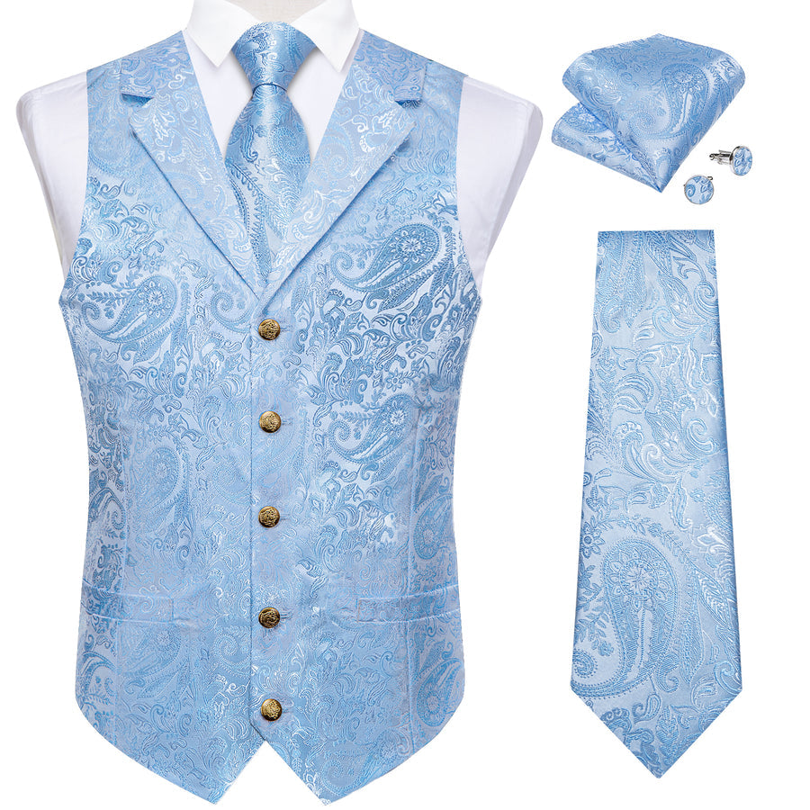 Sky Blue Luxury Paisley Collar Vest Set - 4 Piece vest set - Sophisticated Gentlemen