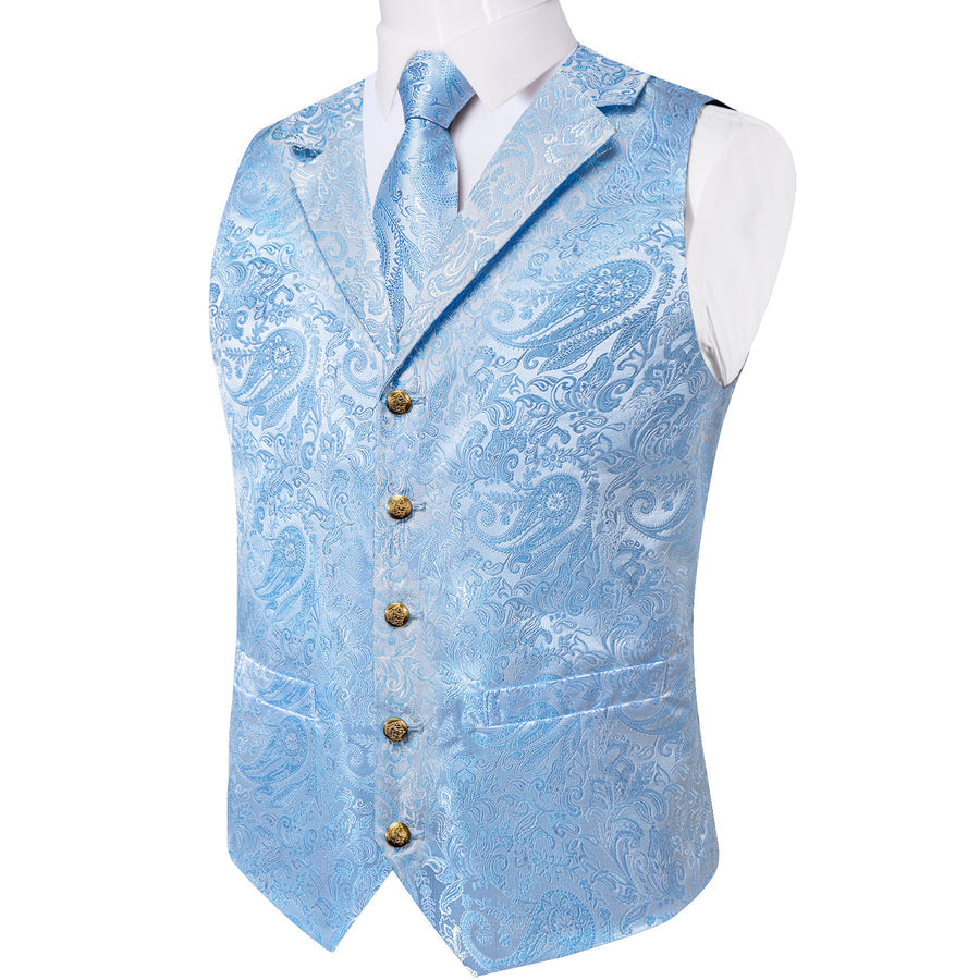 Sky Blue Luxury Paisley Collar Vest Set - 4 Piece vest set - Sophisticated Gentlemen