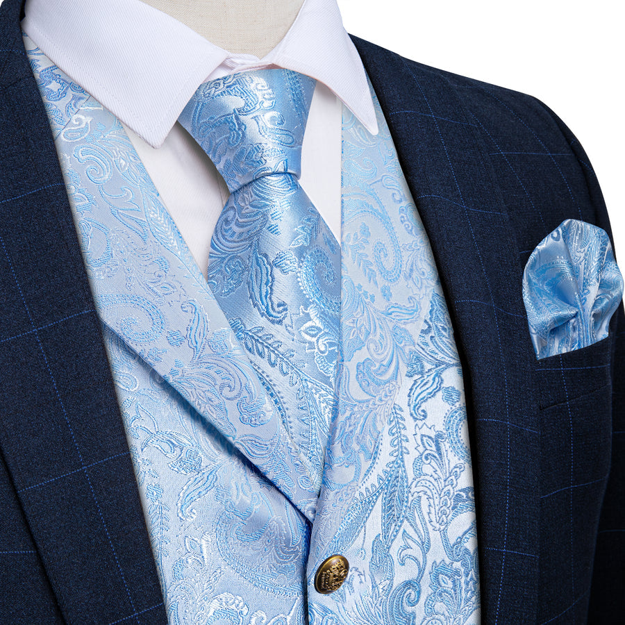 Sky Blue Luxury Paisley Collar Vest Set - 4 Piece vest set S (Chest 40") - Sophisticated Gentlemen