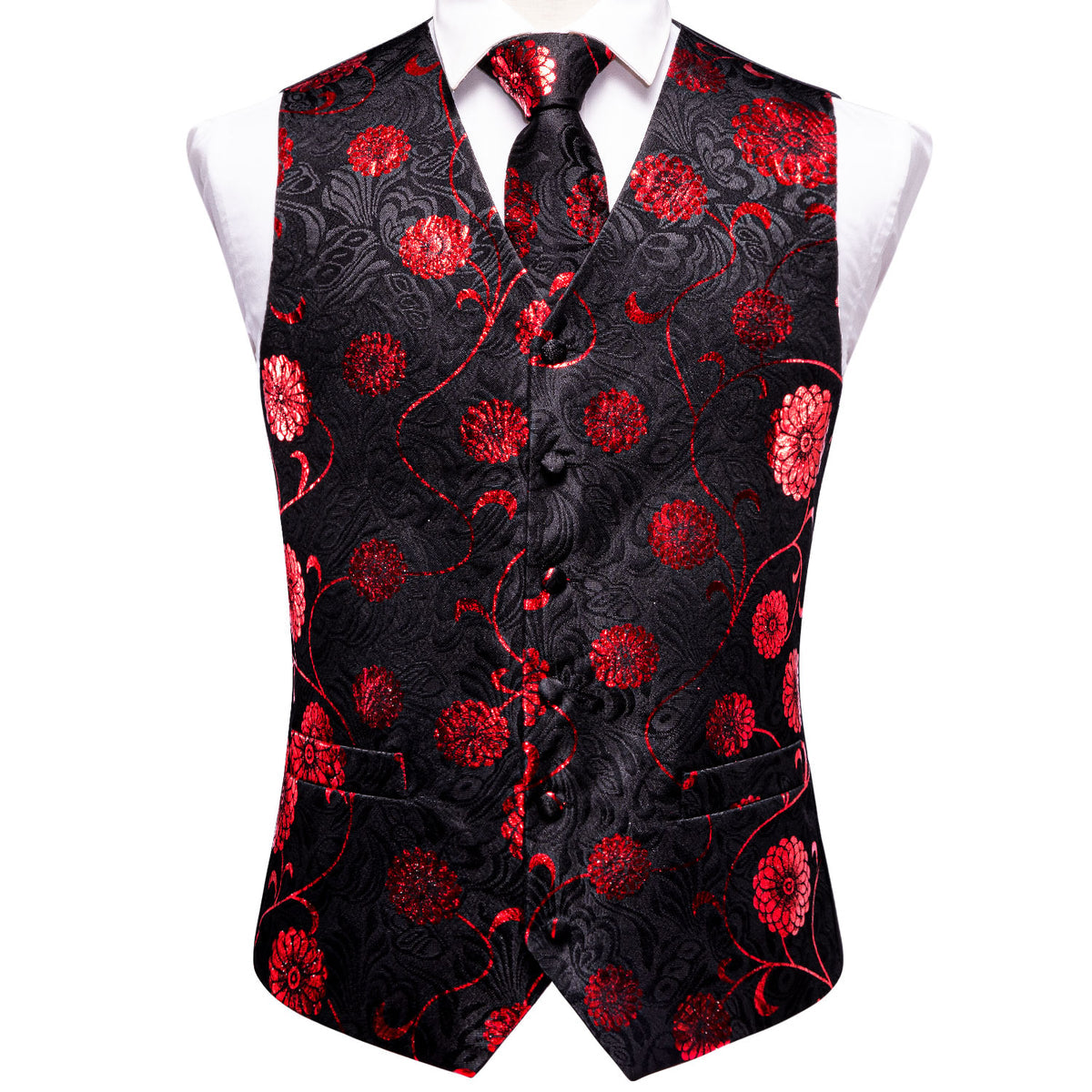 Black and Red Floral Vest Set vest set - Sophisticated Gentlemen