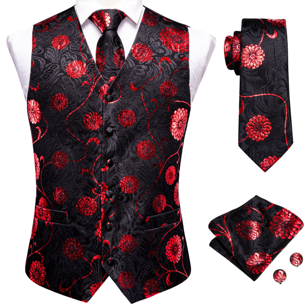 Black and Red Floral Vest Set vest set - Sophisticated Gentlemen
