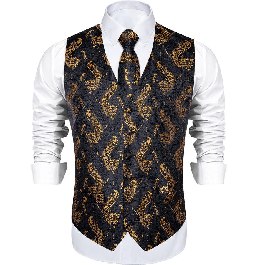 Black and Gold Floral Silk Vest Set vest set - Sophisticated Gentlemen