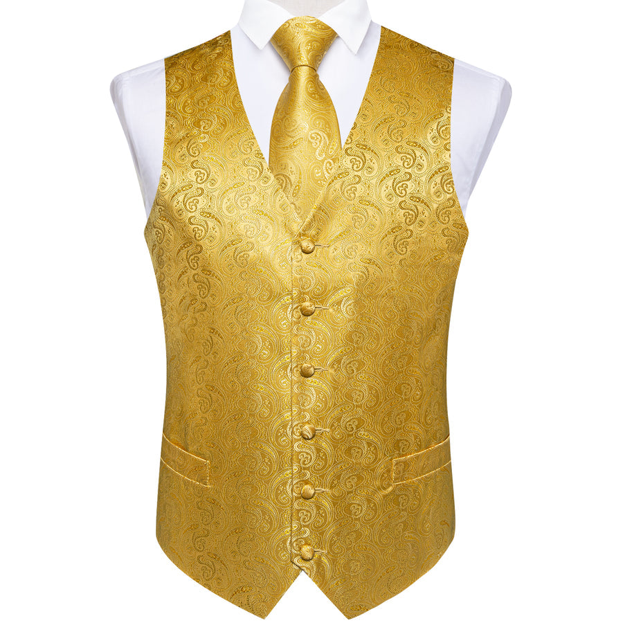Radiant Gold Paisley Jacquard Silk Vest Set vest set - Sophisticated Gentlemen