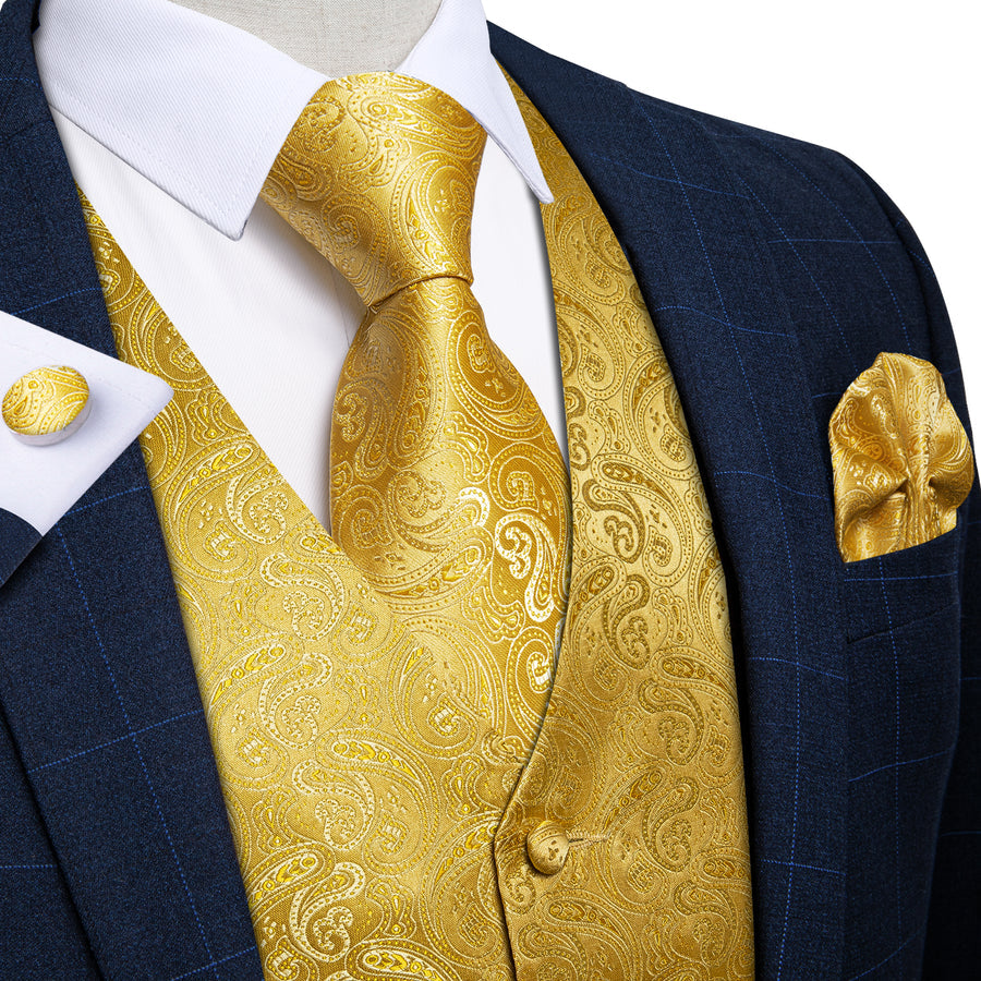 Radiant Gold Paisley Jacquard Silk Vest Set vest set S (Chest 40") - Sophisticated Gentlemen