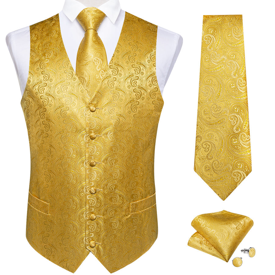 Radiant Gold Paisley Jacquard Silk Vest Set vest set - Sophisticated Gentlemen