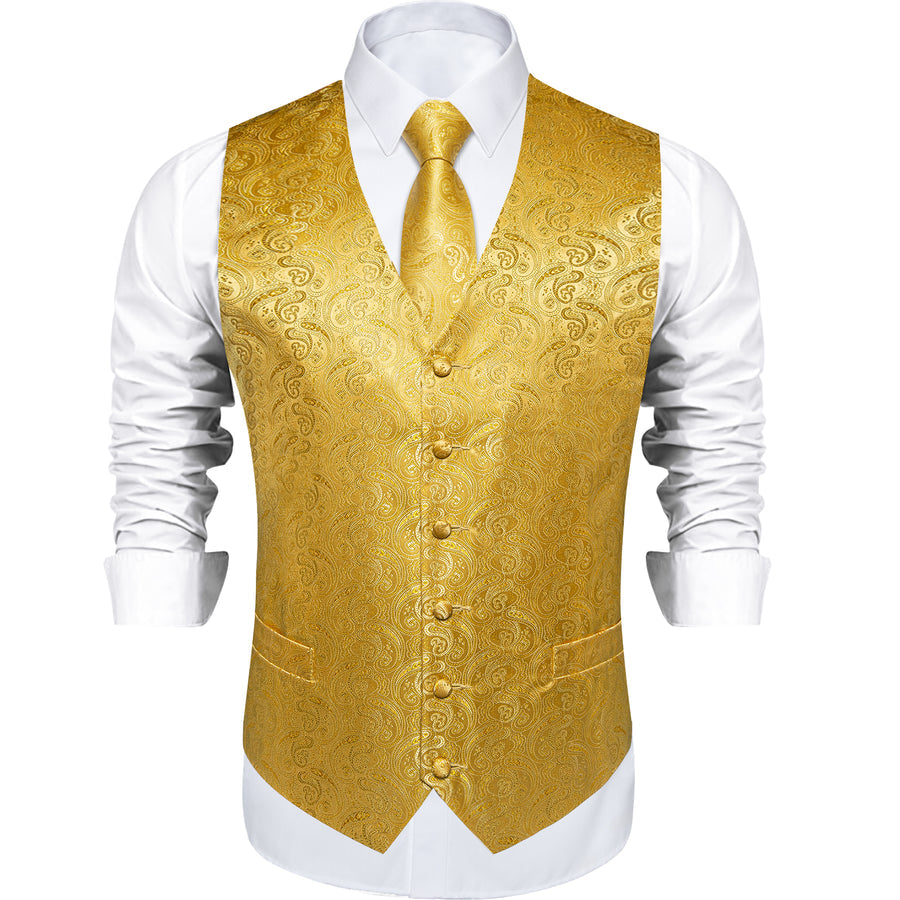Radiant Gold Paisley Jacquard Silk Vest Set vest set - Sophisticated Gentlemen