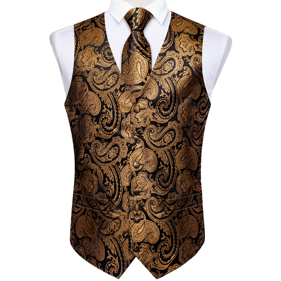 Onyx Black & Gold Silk Paisley Vest Set vest set - Sophisticated Gentlemen