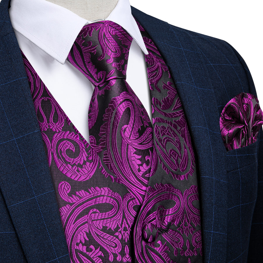 Black and Purple Paisley Silk Vest Set vest set S (Chest 40") - Sophisticated Gentlemen