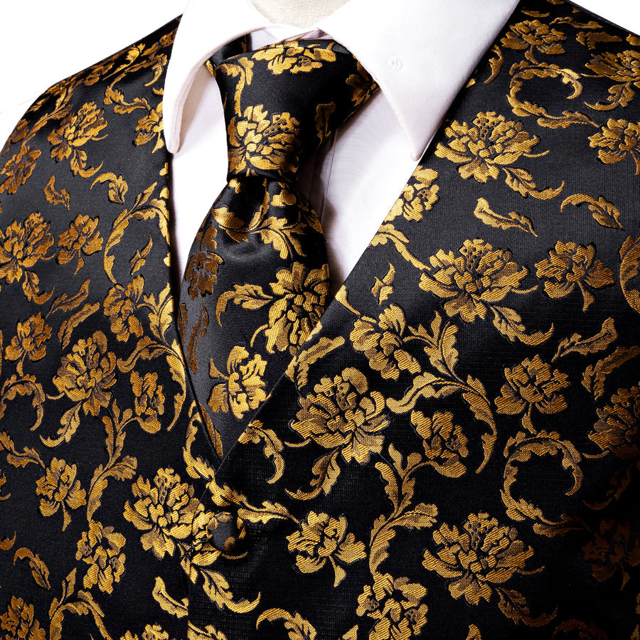 Black and Gold Peony Flower Vest Set vest set - Sophisticated Gentlemen