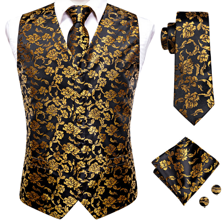 Black and Gold Peony Flower Vest Set vest set - Sophisticated Gentlemen