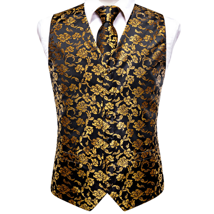 Black and Gold Peony Flower Vest Set vest set - Sophisticated Gentlemen