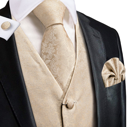 Champagne Paisley Silk Vest Set vest set S (Chest 40")   - Sophisticated Gentlemen