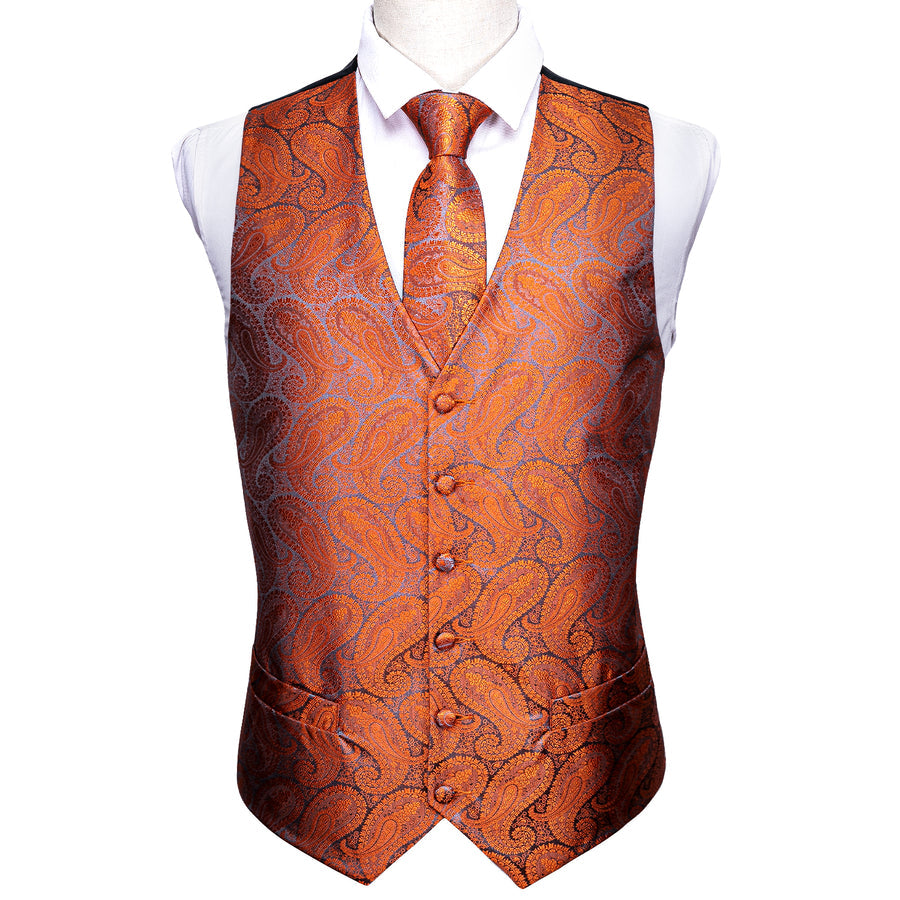 Deep Orange Paisley Silk Vest Set vest set - Sophisticated Gentlemen