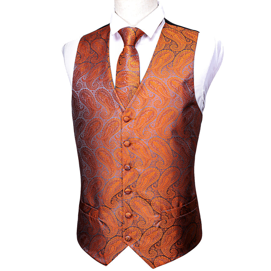 Deep Orange Paisley Silk Vest Set vest set - Sophisticated Gentlemen