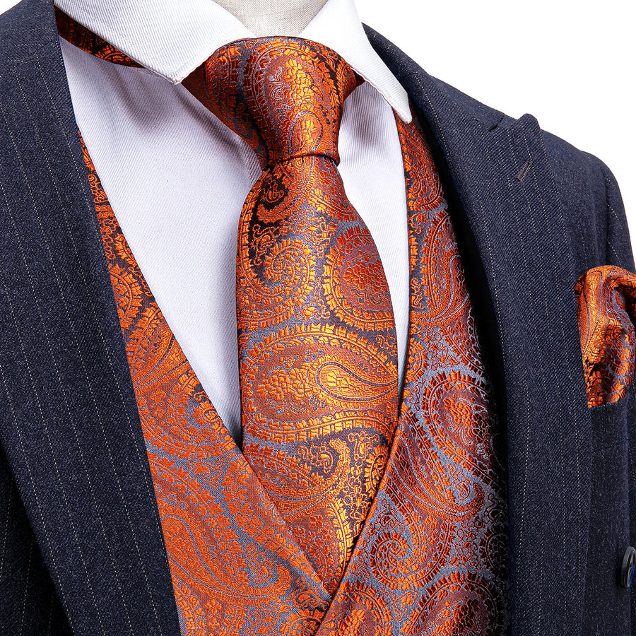Deep Orange Paisley Silk Vest Set vest set S (Chest 40") - Sophisticated Gentlemen