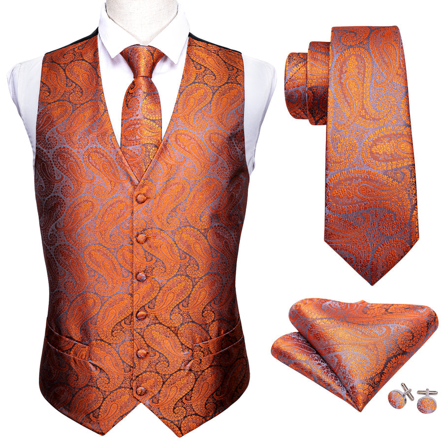 Deep Orange Paisley Silk Vest Set vest set - Sophisticated Gentlemen