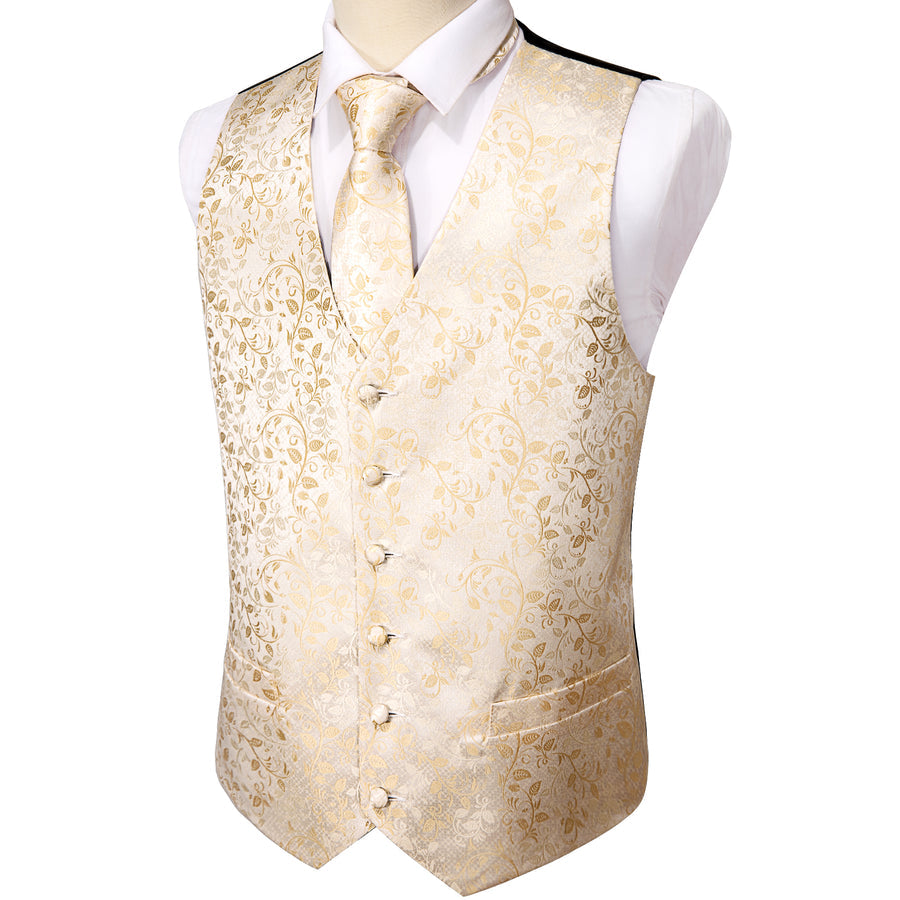 Elegant Champagne Floral Silk Vest Set vest set - Sophisticated Gentlemen