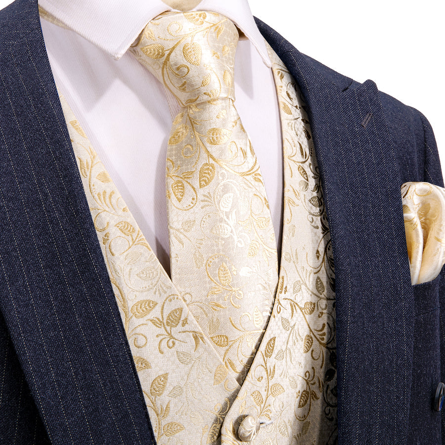 Elegant Champagne Floral Silk Vest Set vest set S (Chest 40") - Sophisticated Gentlemen