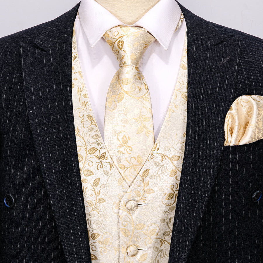 Elegant Champagne Floral Silk Vest Set vest set - Sophisticated Gentlemen