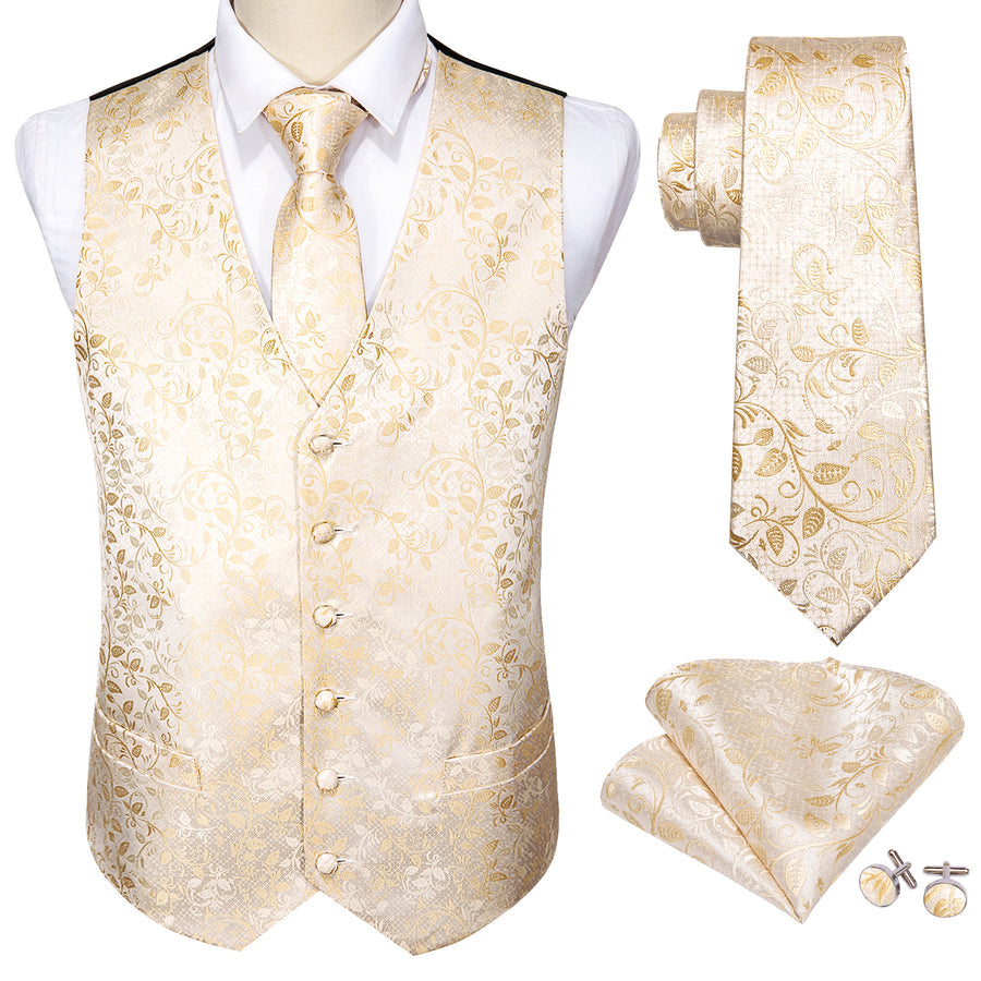Elegant Champagne Floral Silk Vest Set vest set - Sophisticated Gentlemen