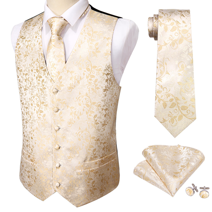 Elegant Champagne Floral Silk Vest Set vest set - Sophisticated Gentlemen