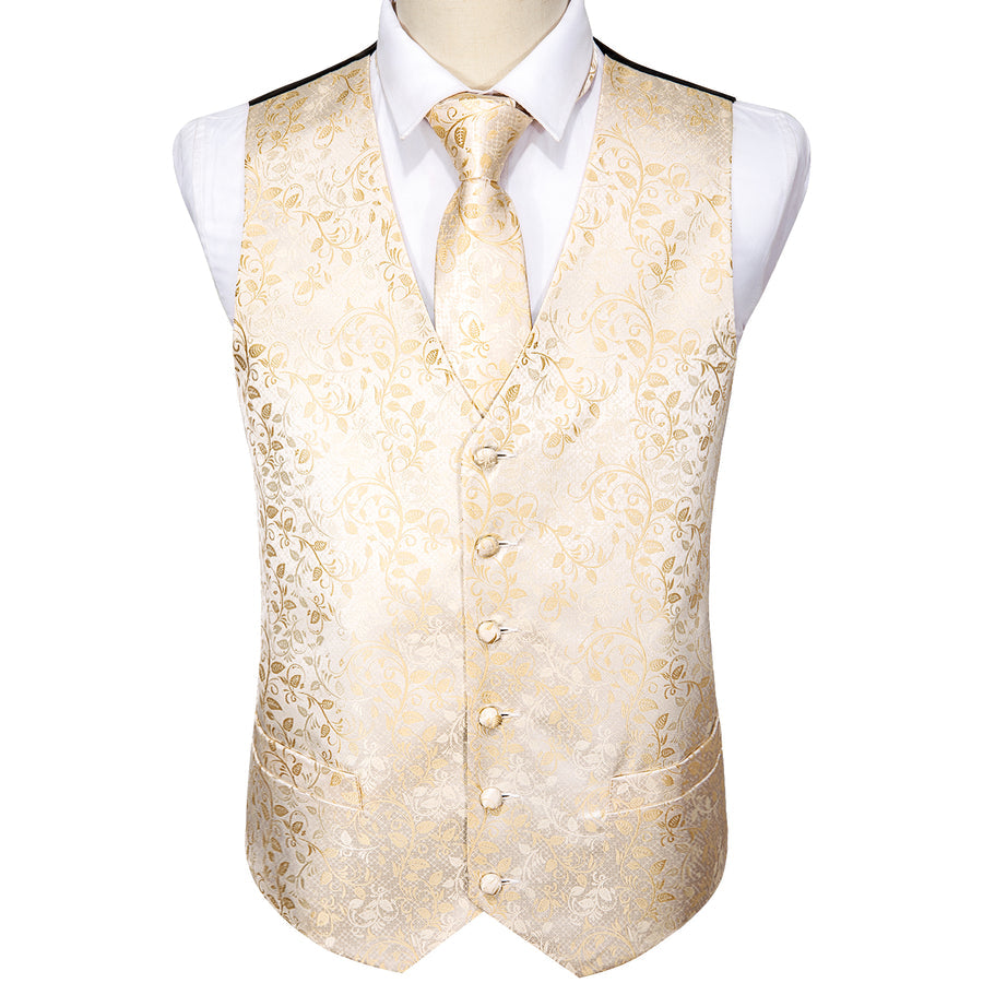 Elegant Champagne Floral Silk Vest Set vest set - Sophisticated Gentlemen