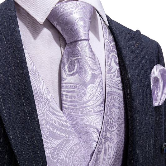 Light Purple Paisley Silk Vest Set vest set S (Chest 40")   - Sophisticated Gentlemen