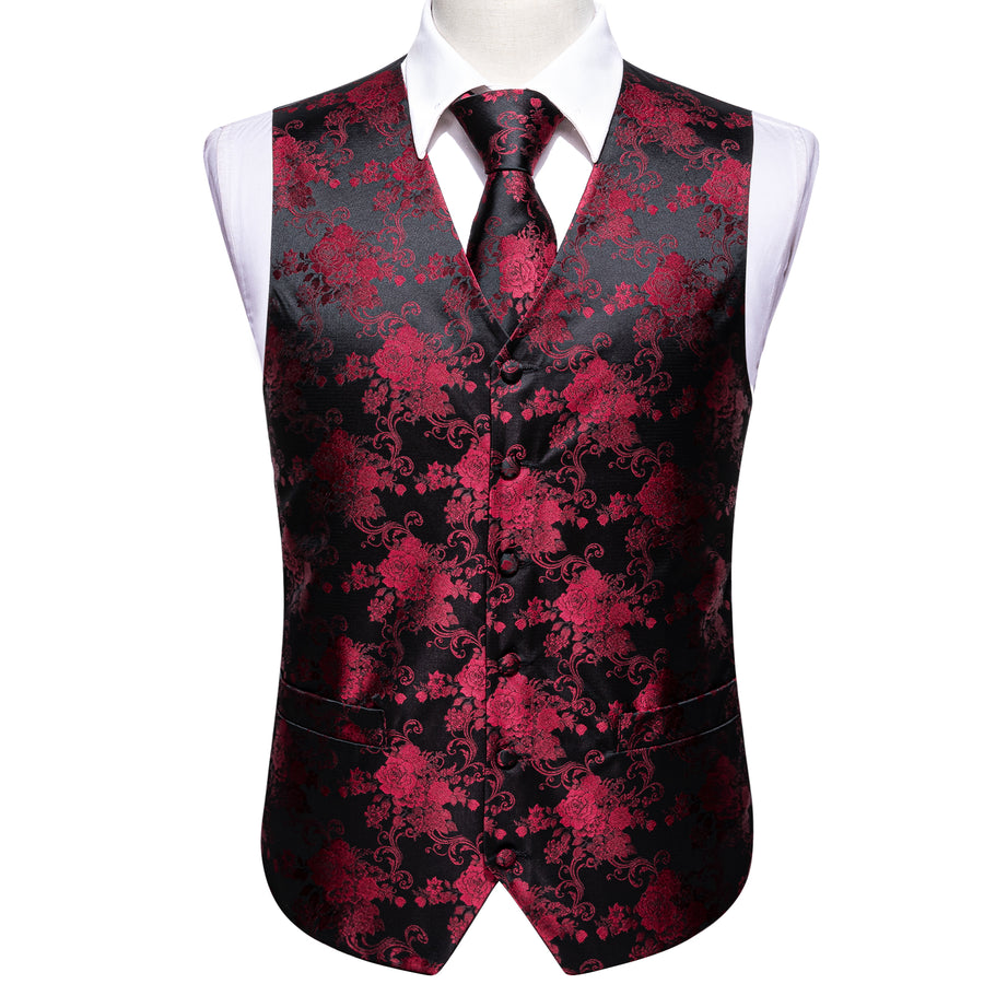 Black and Red Peony Floral Silk Vest Set vest set - Sophisticated Gentlemen