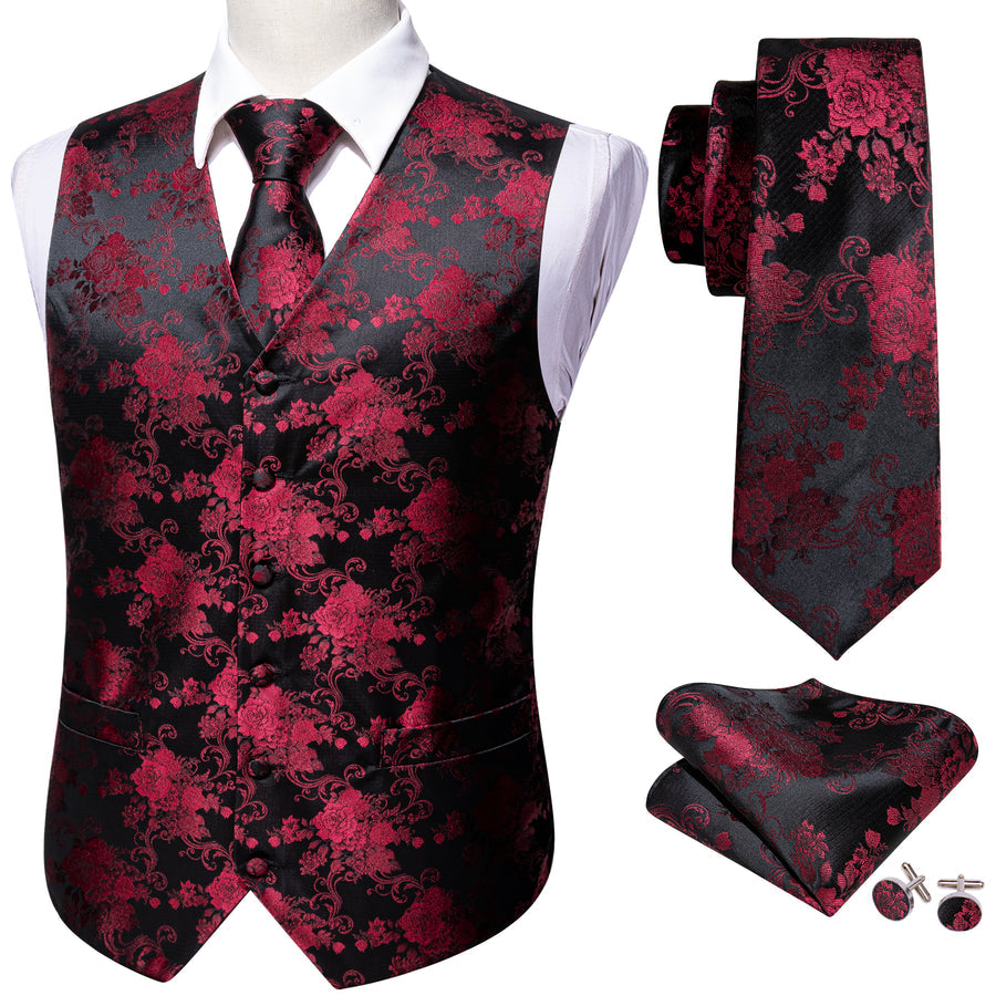 Black and Red Peony Floral Silk Vest Set vest set - Sophisticated Gentlemen