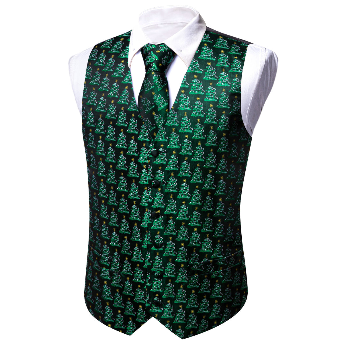 Evergreen Elegance Christmas Tree Silk Tie & Waistcoat Set vest set - Sophisticated Gentlemen
