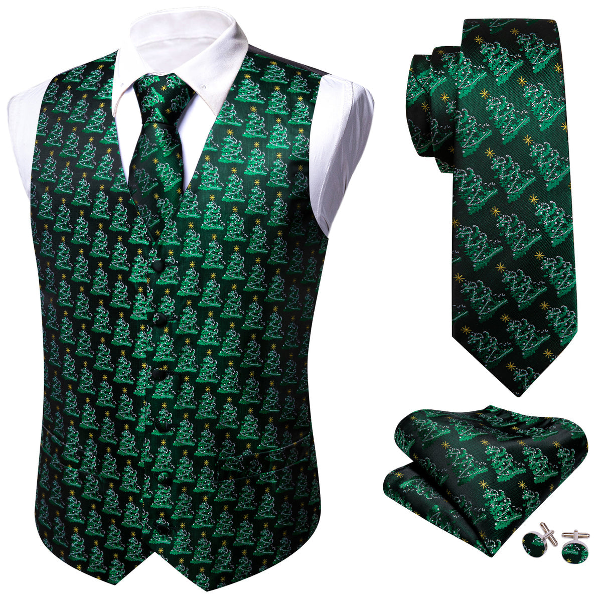 Evergreen Elegance Christmas Tree Silk Tie & Waistcoat Set vest set - Sophisticated Gentlemen