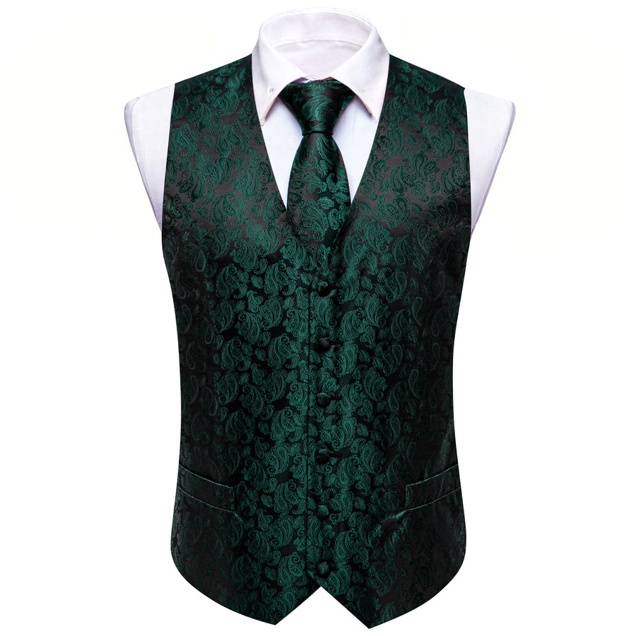 Forest Green & Black Paisley Silk Vest & Bowtie Set vest set - Sophisticated Gentlemen
