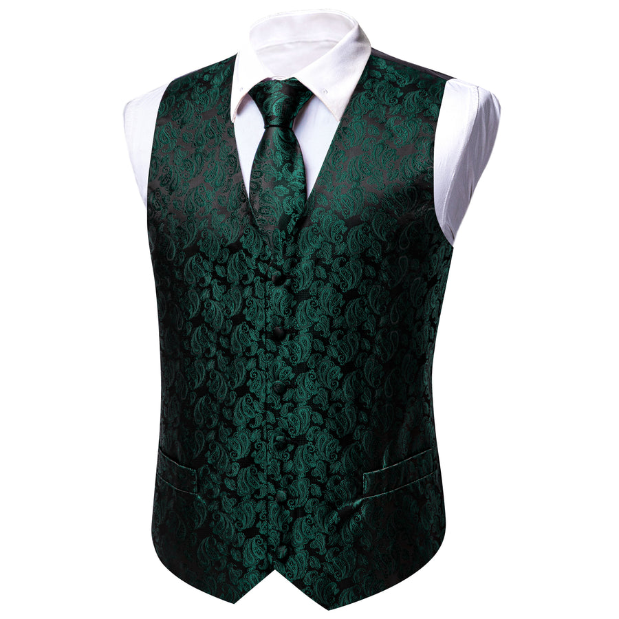 Forest Green & Black Paisley Silk Vest & Bowtie Set vest set - Sophisticated Gentlemen