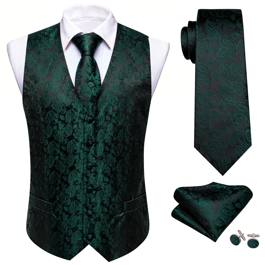 Forest Green & Black Paisley Silk Vest & Bowtie Set vest set - Sophisticated Gentlemen