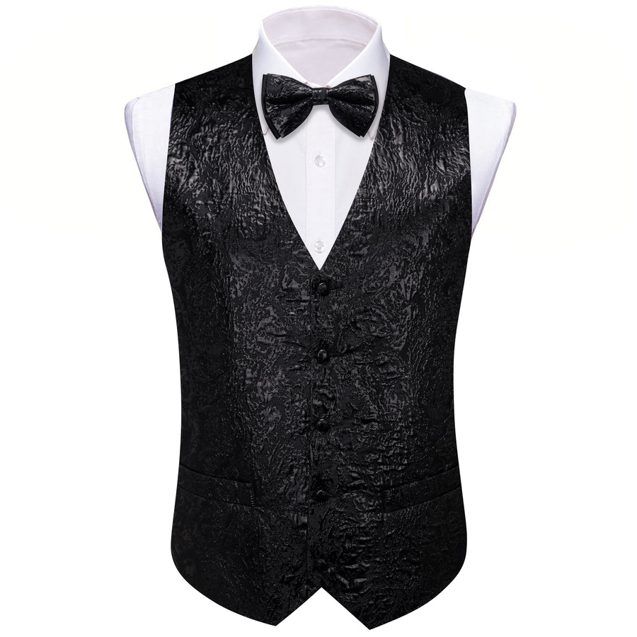 Black Statement Jacquard Silk Bowtie Vest Set vest set - Sophisticated Gentlemen