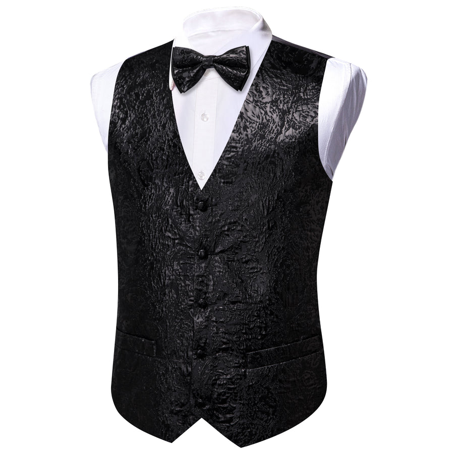 Black Statement Jacquard Silk Bowtie Vest Set vest set - Sophisticated Gentlemen