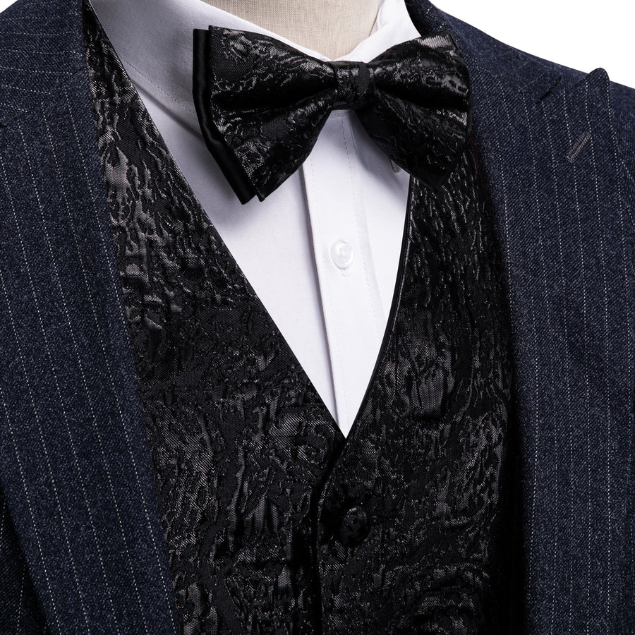 Black Statement Jacquard Silk Bowtie Vest Set vest set S (Chest 40") - Sophisticated Gentlemen