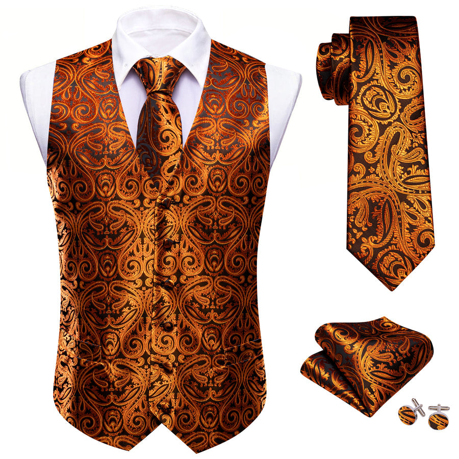 Regal Black & Gold Paisley Silk Vest Set vest set - Sophisticated Gentlemen
