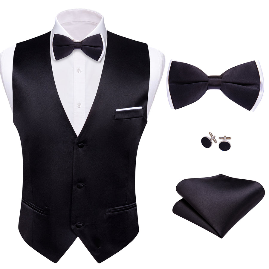 Jet Black Solid Silk Bowtie & Vest Set vest set - Sophisticated Gentlemen