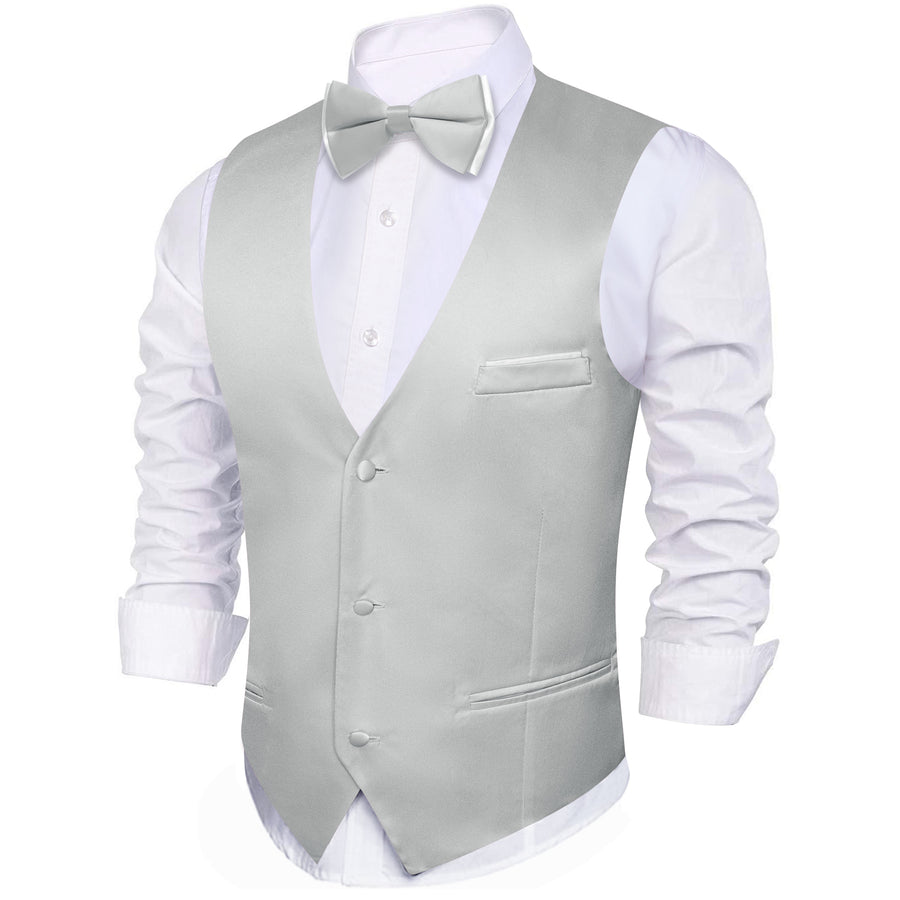 Silver Gray Solid Silk Bowtie & Vest Set vest set - Sophisticated Gentlemen