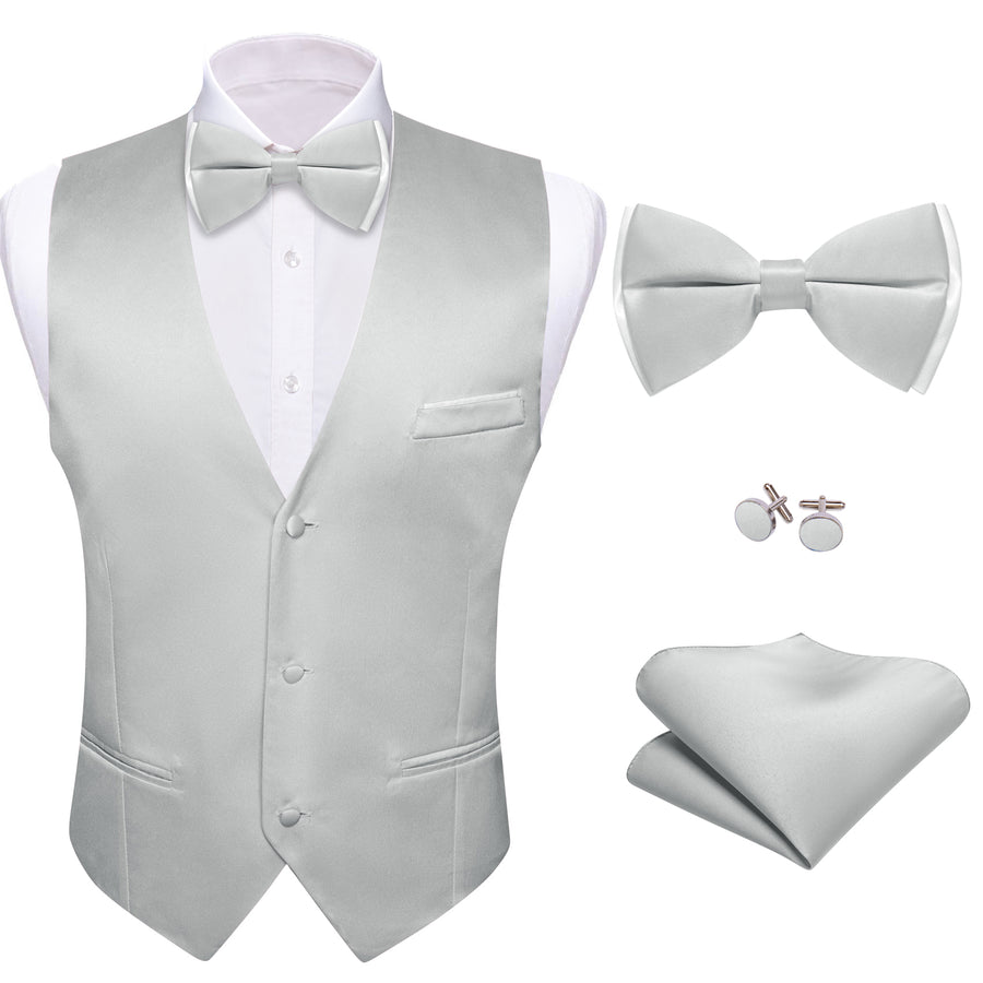 Silver Gray Solid Silk Bowtie & Vest Set vest set - Sophisticated Gentlemen