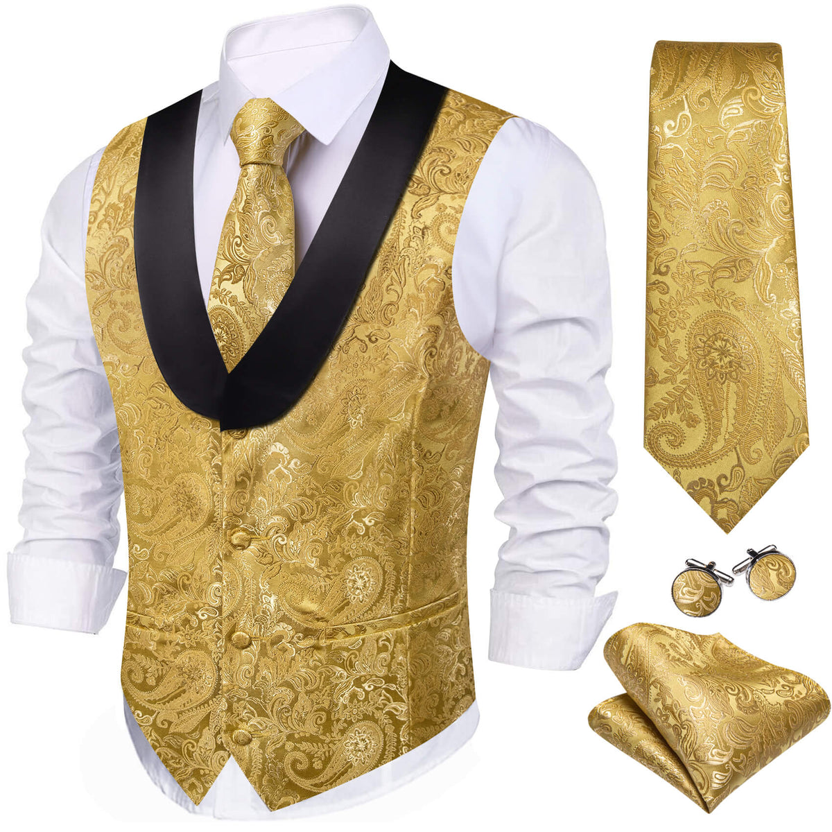Gold Paisley Vest Set with Black Collar vest set - Sophisticated Gentlemen