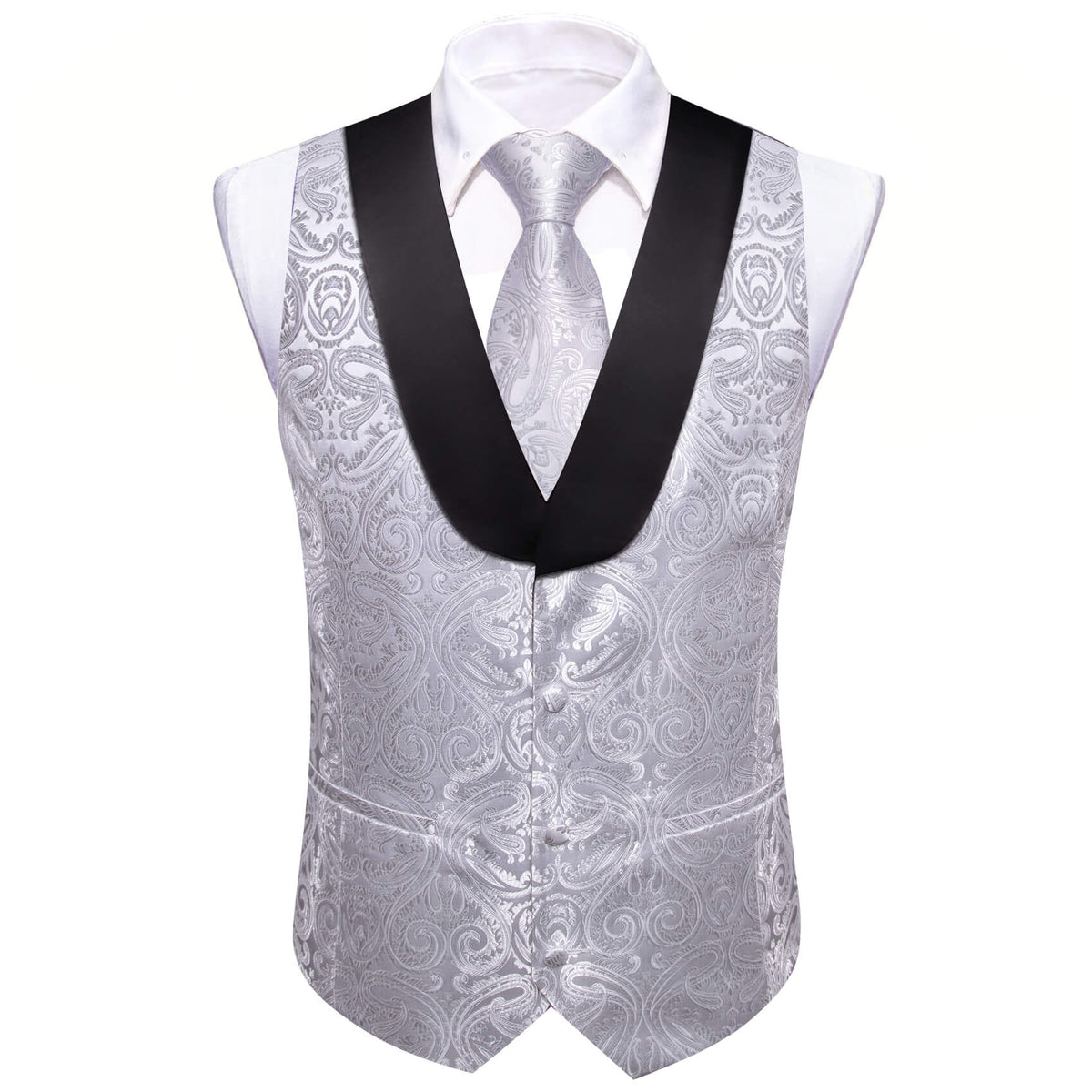Silver Paisley Vest Set with Black Collar vest set S (Chest 41) - Sophisticated Gentlemen