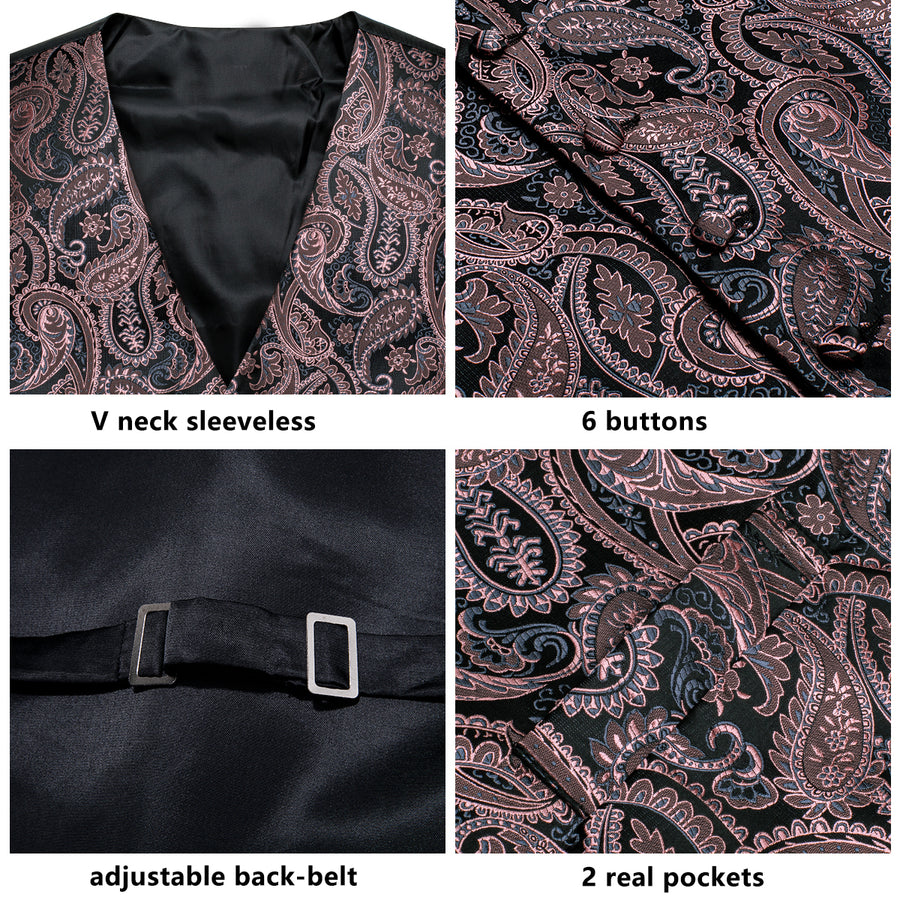 Black and Pink Paisley Silk Vest Set vest set - Sophisticated Gentlemen